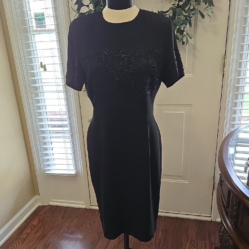 MariAnna Elegant Black Beaded Dress Short Slv Fully Lined Padded Shoulder 8 EUC